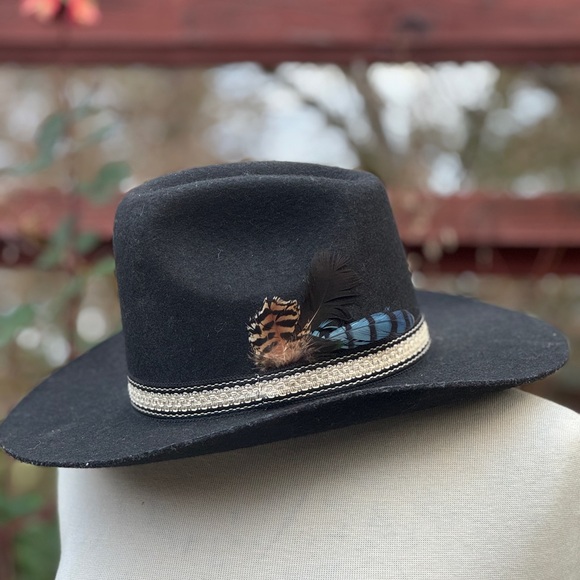 Vintage Black Wide Brim Cowboy Hat with Feather Accent - Picture 2 of 4
